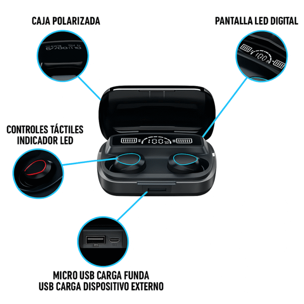 Auriculares M10 Pro Hi Fi Power Bank Color Negro - Imagen 5